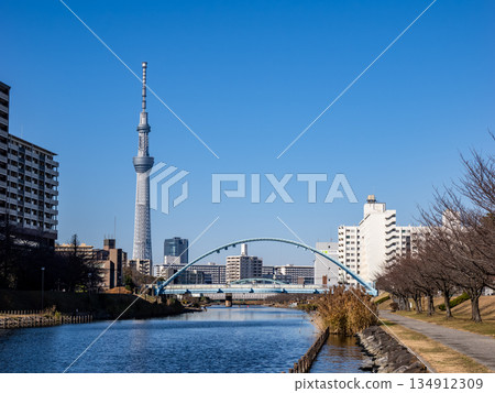 A view of Fureai Bridge over the old Nakagawa River and Tokyo Skytree A view of Fureai Bridge over the old Nakagawa River and Tokyo Skytree 134912309
