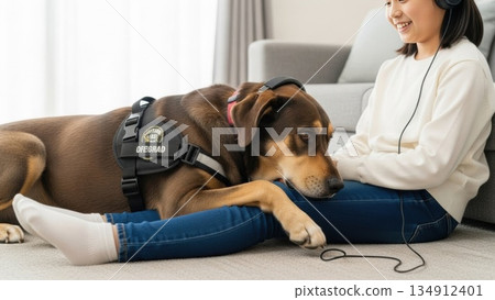 A moment of calming mental care at home with a service dog A moment of calming mental care at home with a service dog 134912401