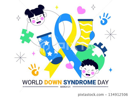 World Down Syndrome Day Vector Illustration March 21 Featuring Blue Yellow Ribbon Earth Map Unpaired Socks Kids Flat Cartoon Background 134912506