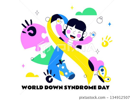 World Down Syndrome Day Vector Illustration March 21 Featuring Blue Yellow Ribbon Earth Map Unpaired Socks Kids Flat Cartoon Background 134912507