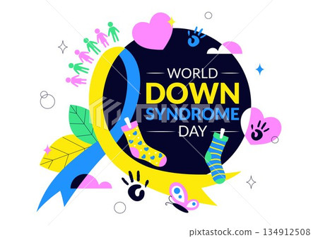World Down Syndrome Day Vector Illustration March 21 Featuring Blue Yellow Ribbon Earth Map Unpaired Socks Kids Flat Cartoon Background 134912508