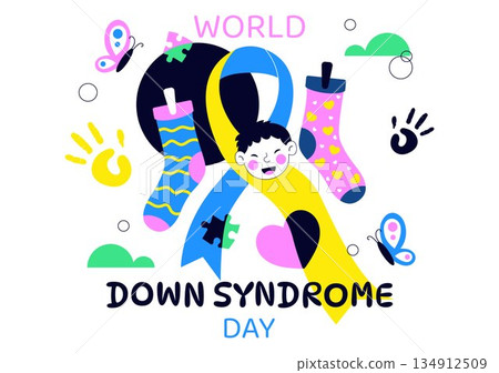 World Down Syndrome Day Vector Illustration March 21 Featuring Blue Yellow Ribbon Earth Map Unpaired Socks Kids Flat Cartoon Background 134912509
