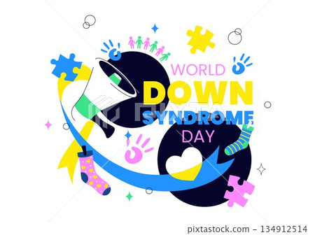 World Down Syndrome Day Vector Illustration March 21 Featuring Blue Yellow Ribbon Earth Map Unpaired Socks Kids Flat Cartoon Background 134912514