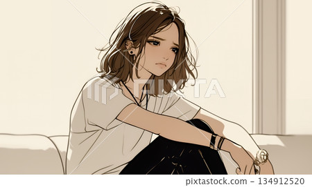 A young woman suffering from abdominal pain (menstrual cramps) (simple colors) 134912520