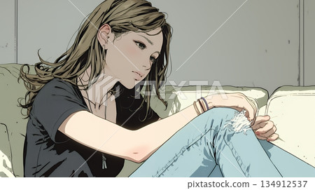 A young woman suffering from abdominal pain (menstrual pain) 134912537