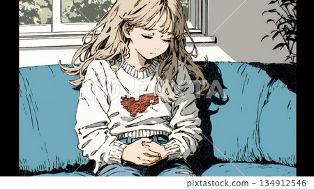 一位年輕女子患有腹痛（經痛）。 134912546