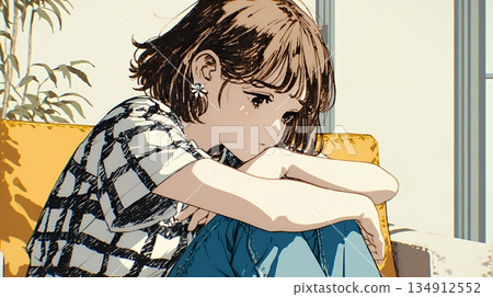 一位年輕女子患有腹痛（經痛）。 134912552