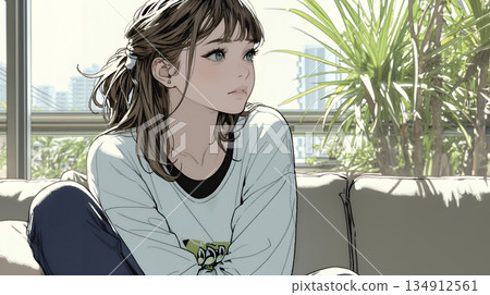 A young woman suffering from abdominal pain (menstrual pain) 134912561