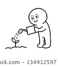 Stickman planting and watering seeds 134912597