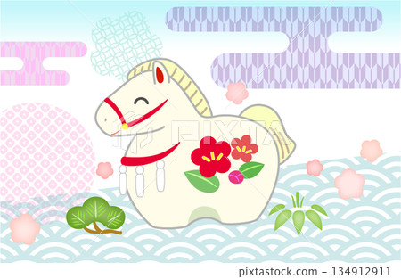 可愛的馬日式新年賀卡插圖（無祝福語） 134912911