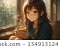 A soothing illustration of a beautiful anime girl enjoying a hot drink by the window in a winter morning 134913124