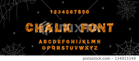 English alphabet crayon. Scary Halloween font. Playful and childlike typescript. Funky chalk texture for party, invitation. Vector illustration 134913149