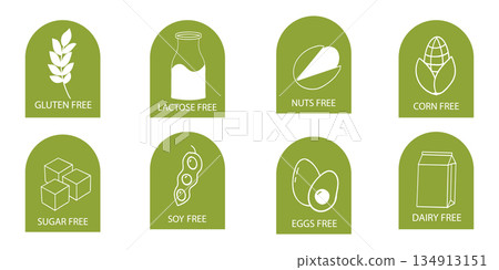 Set allergen free ingredients. Gluten free products warning symbols. Lactose, gluten, sugar, corn, egg, trans fat, soy, nut icon, dietary food badge. Minimal line organic design. Sign or stamp. 134913151