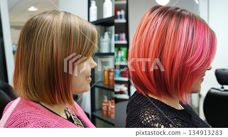 Two different hairstyles, one with pink highlights and the other with pink 134913283