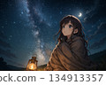 A beautiful anime-style girl looks up at the starry sky and Milky Way; a fantastic night illuminated by lanterns 134913357