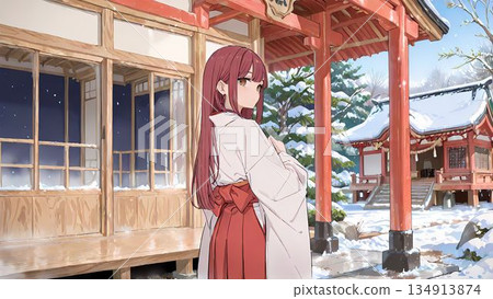 Illustration of a shrine maiden working at a shrine looking back 134913874
