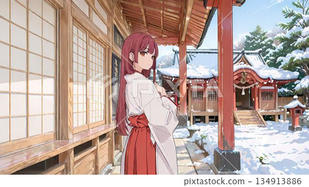 Illustration of a shrine maiden working at a shrine looking back 134913886