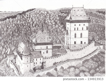 An old castle towering over a hill An old castle towering over a hill 134913913