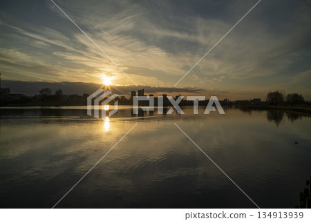 Winter waterfront evening view 134913939