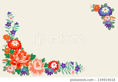日式圖案背景，七寶紋和花卉邊框，優雅柔和的米白色調 134914018