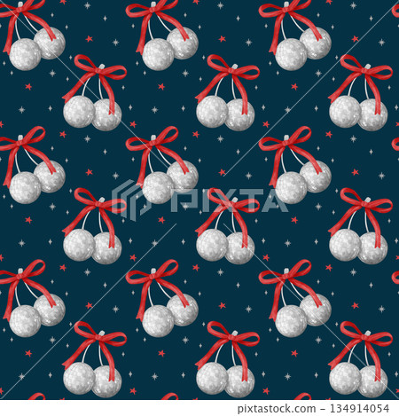 Retro Valentine seamless pattern y2k coquette silver disco ball cherries and red bow watercolor on indigo blue background 134914054