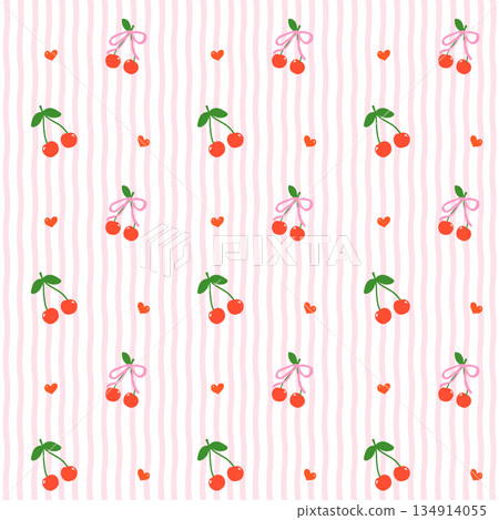 Seamless pattern retro 90s cute red cherries and red hearts on groovy wavy stripes preppy hand drawn Seamless pattern retro 90s cute red cherries and red hearts on groovy wavy stripes preppy hand drawn 134914055