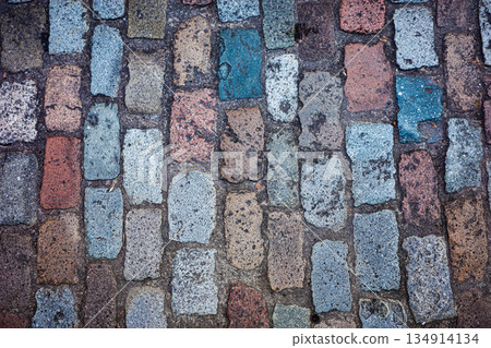 Colorful Cobblestone Pavement Texture in Old Town Street Colorful Cobblestone Pavement Texture in Old Town Street 134914134