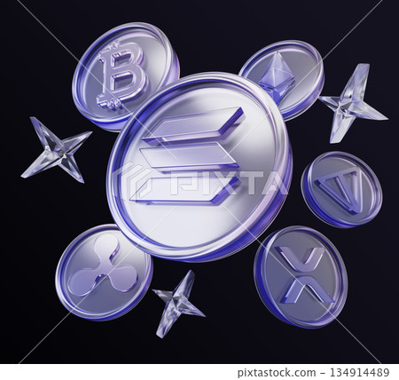 Glass hologram cryptocurrency coins with purple blue neon gradient flying on black 3d background. Crypto currency, digital assets, money tokens with stars for hodl or exchange market. 3D illustration 134914489