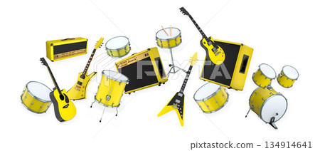 Set of electric acoustic guitars and drums with cymbals on white background 134914641