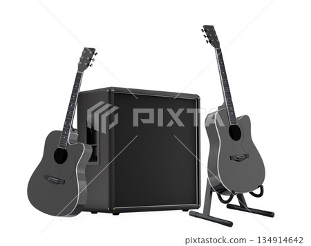 Set of electric acoustic guitars and amplifiers on white background 134914642