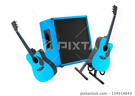 Set of electric acoustic guitars and amplifiers on white background 134914643
