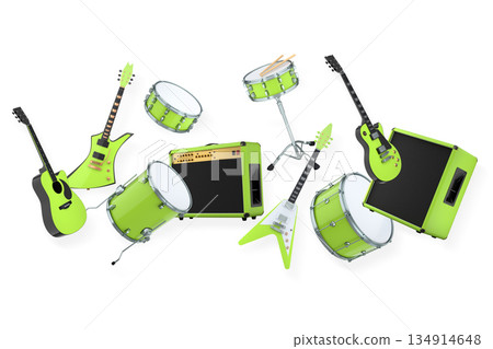 Set of electric acoustic guitars and drums with cymbals on white background Set of electric acoustic guitars and drums with cymbals on white background 134914648