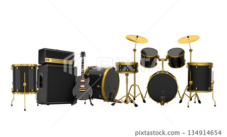 Set of electric acoustic guitars and drums with cymbals on white background 134914654