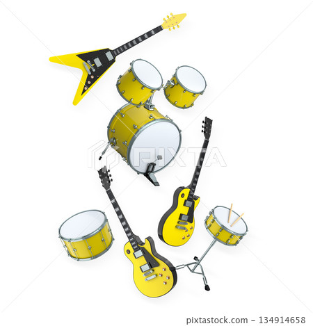 Set of electric acoustic guitars and drums with cymbals on white background 134914658