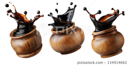 Set of Egyp Molasses black syrup jar splashing from a polished jar, isolated on white background, concept of Arabic Cuisine Set of Egyp Molasses black syrup jar splashing from a polished jar, isolated on white background, concept of Arabic Cuisine 134914662