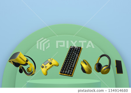 Gaming controllers, keyboard, headset, VR gear, and mouse floating above podium, digital art style, with abstract backdrop 134914680