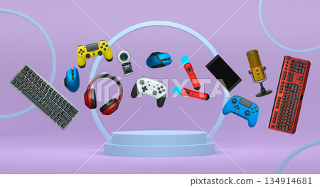 Multiple gaming devices and accessories floating above podium against abstract background, concept of modern gaming tech Multiple gaming devices and accessories floating above podium against abstract background, concept of modern gaming tech 134914681