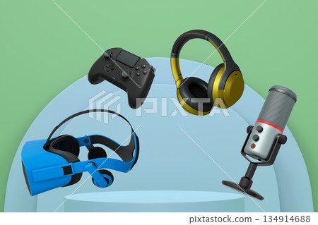 Assorted gaming gadgets like controllers, VR headset, mouse, and mic floating above circular podium and white platform 134914688