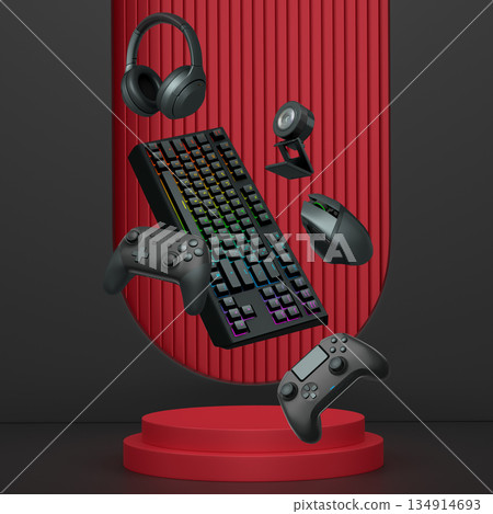 Gaming keyboard, mouse, controllers, web camera and headphones floating above podium on abstract background, symbolizing games Gaming keyboard, mouse, controllers, web camera and headphones floating above podium on abstract background, symbolizing games 134914693