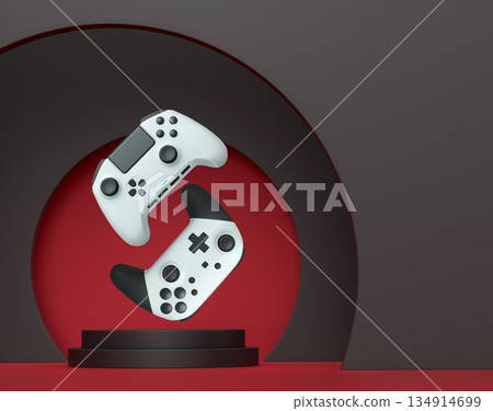 Colorful gaming controllers joystick levitating over podium against abstract background, minimalist concept device on pedestal 134914699