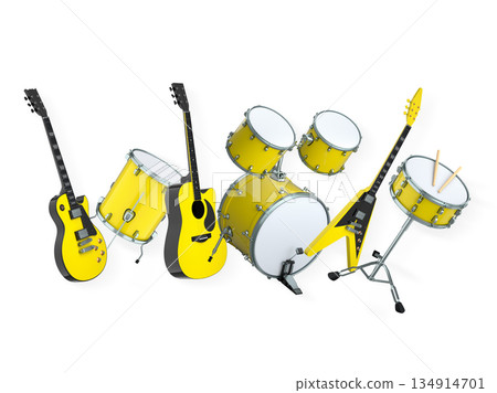 Set of electric acoustic guitars and drums with cymbals on white background Set of electric acoustic guitars and drums with cymbals on white background 134914701