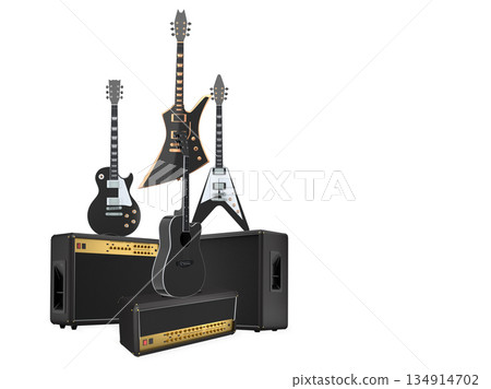 Set of electric acoustic guitars and amplifiers on white background Set of electric acoustic guitars and amplifiers on white background 134914702