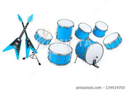 Set of electric acoustic guitars and drums with cymbals on white background Set of electric acoustic guitars and drums with cymbals on white background 134914703