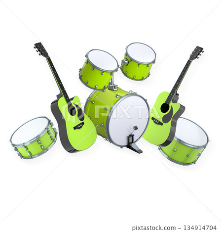 Set of electric acoustic guitars and drums with cymbals on white background Set of electric acoustic guitars and drums with cymbals on white background 134914704