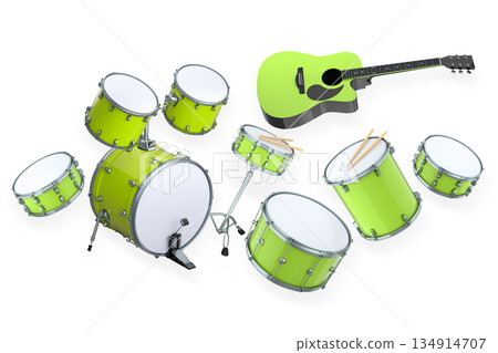 Set of electric acoustic guitars and drums with cymbals on white background Set of electric acoustic guitars and drums with cymbals on white background 134914707