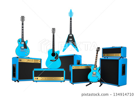 Set of electric acoustic guitars and drums with cymbals on white background Set of electric acoustic guitars and drums with cymbals on white background 134914710