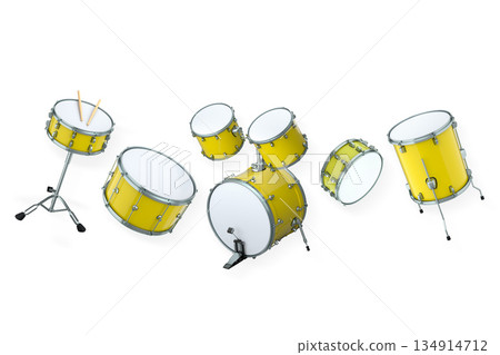 Set of drums and drumset with metal cymbals on white background 134914712