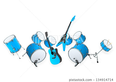 Set of electric acoustic guitars and drums with cymbals on white background 134914714