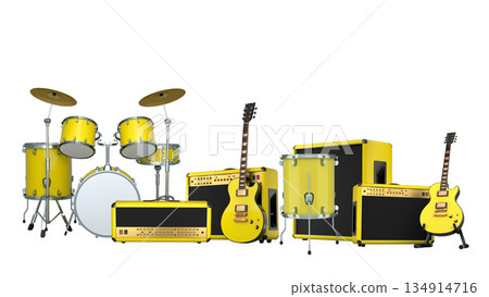 Set of electric acoustic guitars and drums with cymbals on white background 134914716