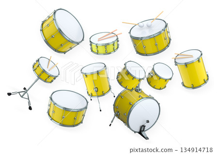 Set of drums and drumset with metal cymbals on white background Set of drums and drumset with metal cymbals on white background 134914718